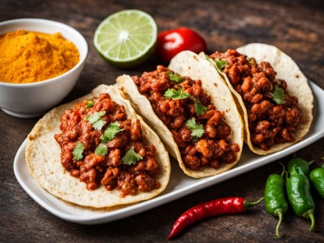 Tacos food. Mexican pork tacos with vegetables and salsa. Traditional Latin american food. Tacos on a platter with tortillas