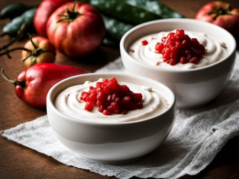 Chiles en nogada is a dish served at room temperature with cold cream sauce from Mexican cuisine.