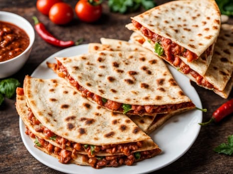 Tacos food. Mexican pork tacos with vegetables and salsa. Traditional Latin american food. Tacos on a platter with tortillas