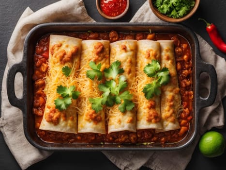 Mexican enchiladas with chicken, vegetables, corn, beans, tomato sauce and cheese. Served in baking tray. Mexican food. Latin American cuisine. Black background, top view, copy space