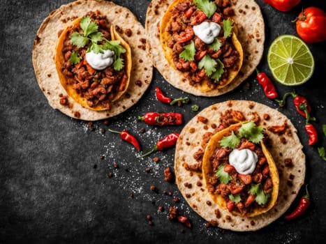 Tacos food. Mexican pork tacos with vegetables and salsa. Traditional Latin american food. Tacos on a platter with tortillas