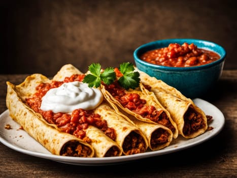 Mexican enchiladas with chicken, vegetables, corn, beans, tomato sauce and cheese. Served in baking tray. Mexican food. Latin American cuisine. Black background, top view, copy space