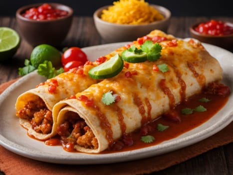 Mexican enchiladas with chicken, vegetables, corn, beans, tomato sauce and cheese. Served in baking tray. Mexican food. Latin American cuisine. Black background, top view, copy space