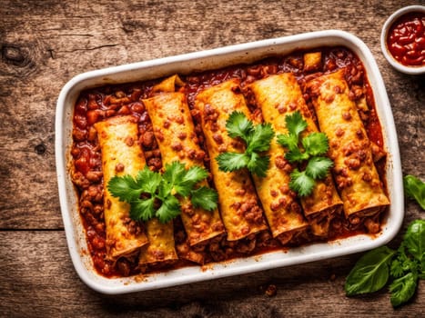 Mexican enchiladas with chicken, vegetables, corn, beans, tomato sauce and cheese. Served in baking tray. Mexican food. Latin American cuisine. Black background, top view, copy space