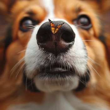 A butterfly with wings like stained glass perches on a corgi dog's nose, a soft blur of fur and eyes in the background. This moment captures a poetic and delicate interaction.