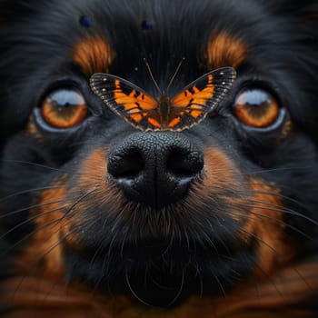 A close-up of a dog's face as a butterfly rests on its nose, capturing a moment of tranquil coexistence. The animal's gaze is diverted, allowing the delicate insect to perch peacefully.