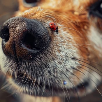 On the journey of its glossy back, a ladybug explores the vast landscape of a dog's snout, a world of textures and shades. The tiny traveler adds a pop of color to the canine's muted tones.