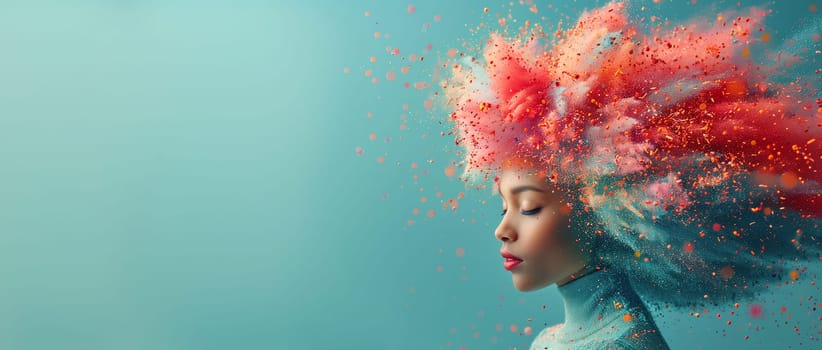 Woman colorful splashes, creativity explosion, positive thinking, self identidy and wave of imagination, consciousness of mind