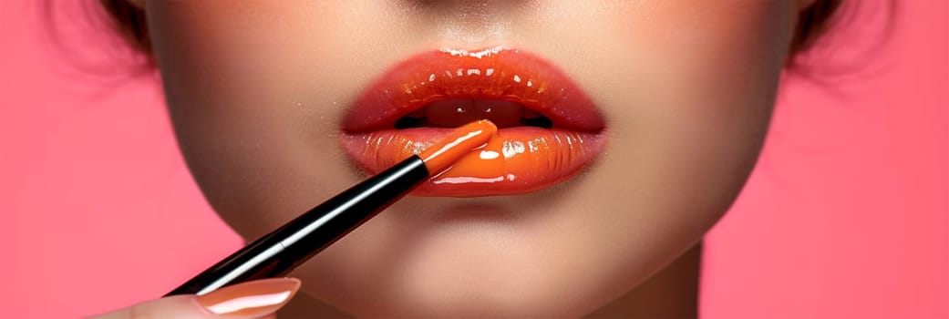 Applying coral lipstick with a brush on full lips.Precision Lipstick Application. banner