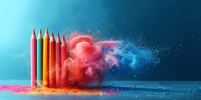 Multicolor pencil, explosion of colorful pigments, creativity, magic and inspiration, artistic idea, school children drawing with pen