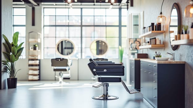 A bright and airy hair salon, bathed in natural light.