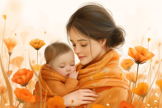 Love between mother and child, emotion and support, family concept, baby in a wrap sling, meadow with flowers