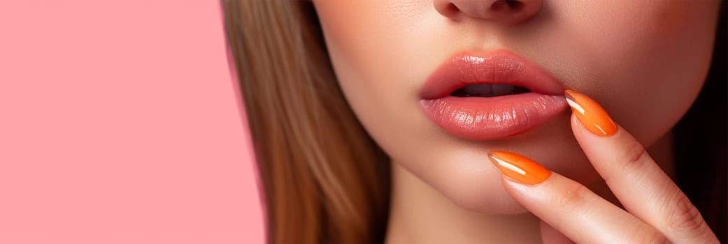 Close-up of woman's lips with glossy lipstick and matching manicure. Sensual Beauty Close-up.