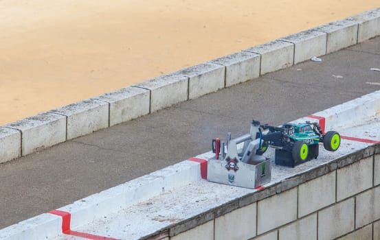 Merida, Spain - Jan 28th, 2024: Extremadura 1/8tt gas Championship RC Car, Merida. Pit stop area