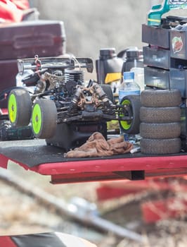 Merida, Spain - Jan 28th, 2024: Extremadura 1/8tt gas Championship RC Car. Paddock area