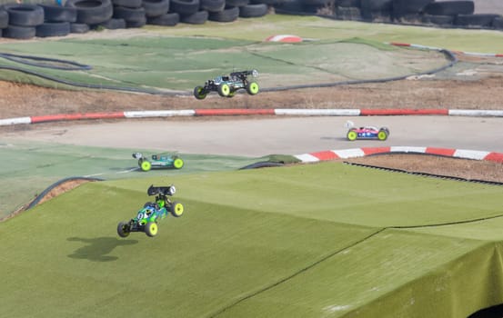 Merida, Spain - Jan 28th, 2024: Extremadura 1/8tt gas Championship RC Car. Cars jumping