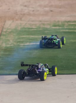 Merida, Spain - Jan 28th, 2024: Extremadura 1/8tt gas Championship RC Car. Cars crossing the finish line