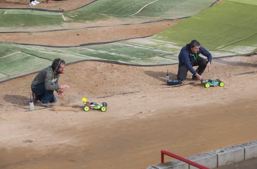 Merida, Spain - Jan 28th, 2024: Extremadura 1/8tt gas Championship RC Car. Cars on the starting line