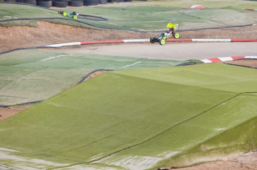 Merida, Spain - Jan 28th, 2024: Extremadura 1/8tt gas Championship RC Car. Cars jumping