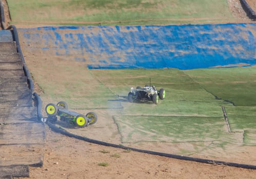 Merida, Spain - Jan 28th, 2024: Extremadura 1/8tt gas Championship RC Car. Overturned car