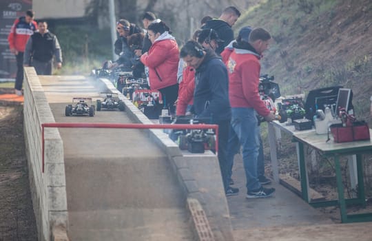 Merida, Spain - Jan 28th, 2024: Extremadura 1/8tt gas Championship RC Car, Merida. Pit stop area
