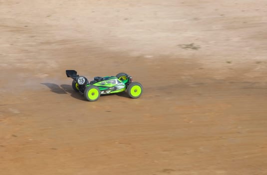 Merida, Spain - Jan 28th, 2024: Extremadura 1/8tt gas Championship RC Car. Car accelerating on a straight