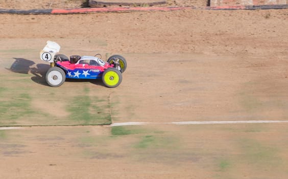 Merida, Spain - Jan 28th, 2024: Extremadura 1/8tt gas Championship RC Car. Car accelerating on a straight