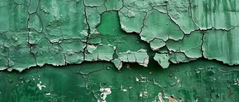 A panoramic shot of a green painted wall with extensive cracking and flaking, depicting the beauty of decay and the relentless effect of the elements. The sprawling cracks form an abstract landscape