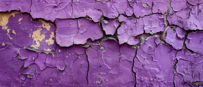 Layers of purple paint reveal their age through peeling and cracking, exposing the history beneath. The textured pattern creates a rich visual story of wear and tear