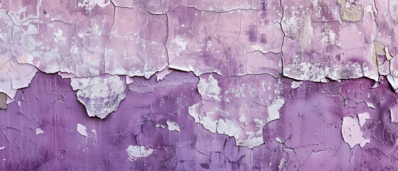 Layers of purple paint reveal their age through peeling and cracking, exposing the history beneath. The textured pattern creates a rich visual story of wear and tear