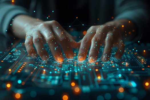 Financial, Business Analytics, Technology Concept, Business man hand with focused on financial statistics, charts, and data digital visualization in a corporate environment, Generative Ai