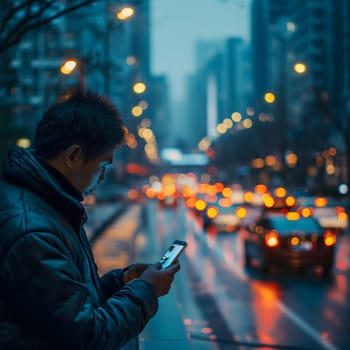 Male tourist's hand standing using smartphone on the side of the road with cars, buildings, blurred background to find directions. Ai Generate