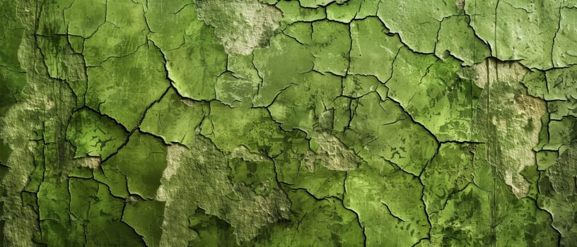 A panoramic shot of a green painted wall with extensive cracking and flaking, depicting the beauty of decay and the relentless effect of the elements. The sprawling cracks form an abstract landscape