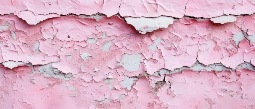 The expansive view of a pink painted wall suffering from erosion, with the paint peeling away in large swaths, creating a textured panorama of decay