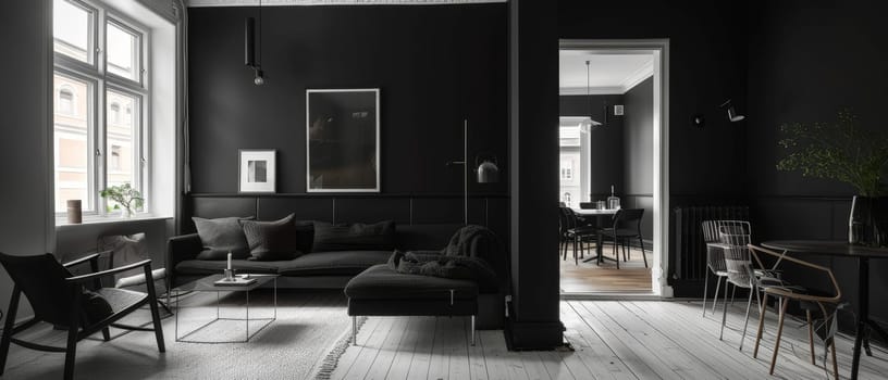 An elegant dark-themed interior features cozy furnishings and a striking black wall, with a view into a stylish dining area. The warm lighting and rich textures provide depth and comfort to the space