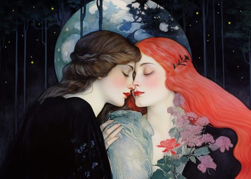 Two beautiful women are embracing in front of a nocturnal forest and a huge moon. The women touch each other, creating an atmosphere of intimacy and warmth.