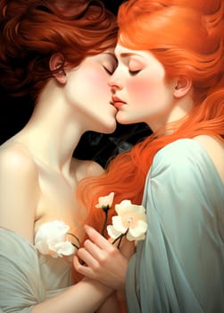 Two girls, one with dark hair and the other with red, dressed in airy dresses, hold each other's hands and press against each other in anticipation of a kiss. Their hair glistens in the sun with different shades of fire: scarlet and gold. One of them gives the other a bouquet of snow-white flowers, a symbol of tenderness. Their faces express an inexorable passionate attraction for each other.
