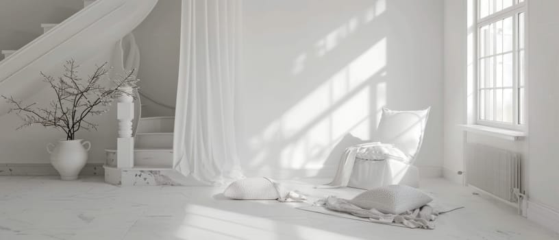 A serene staircase lounge bathed in white, with shadows playing on the soft textures