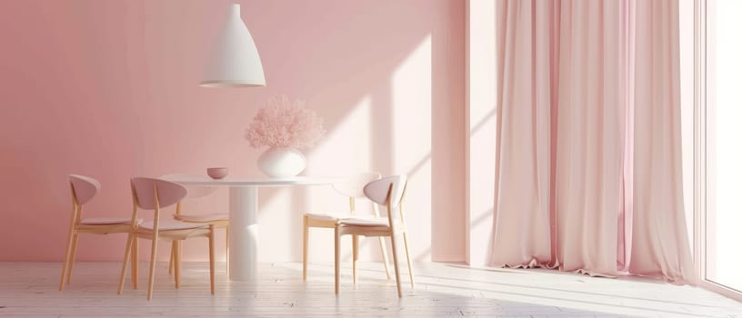Soft pink walls complement the simple elegance of a minimalist dining setup. Light, airy, and chic