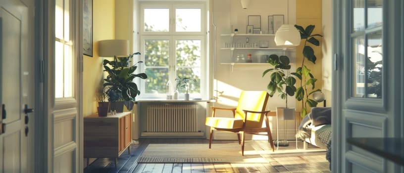 Warm sunlight bathes a stylish living room, highlighting the vibrant yellow chair and lush indoor plants