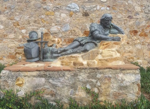 Llerena, Spain - Jun 26th, 2021: Pedro Cieza de Leon sculpture. Spanish conquistador and chronicler. Unknown artist, 2018
