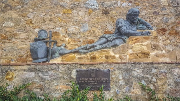 Llerena, Spain - Jun 26th, 2021: Pedro Cieza de Leon sculpture. Spanish conquistador and chronicler. Unknown artist, 2018