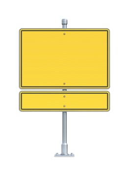 Blank yellow traffic sign board two part 3D rendering illustration isolated on white background