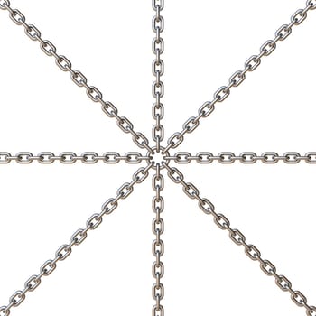 Four crossing steel chains 3D rendering illustration isolated on white background