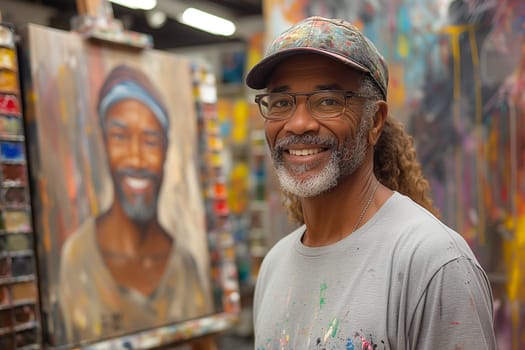 Black african painter, artist in his art studio, painting class, learning a new skill, workshop, leisure activity, drawing a portrait