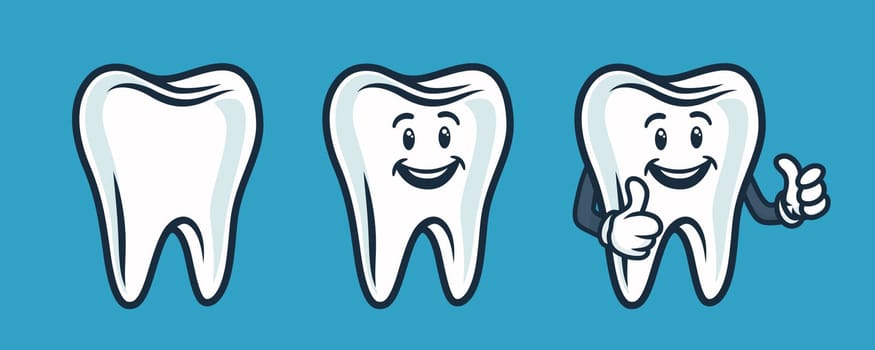 Vector Cute and Friendly Cartoon Tooth. Design Template for Promoting Dental Care and Toothpaste. Promotes Healthy Oral Hygiene. The Smiling Tooth Character, Displaying the LIKE Symbol.