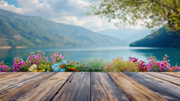 Beautiful view of idyllic alpine mountain scenery with sea. generative ai