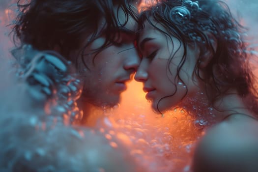 Man and woman embracing in surreal, colorful liquid fantasy dreamscape. Neural network generated image. Not based on any actual person or scene.