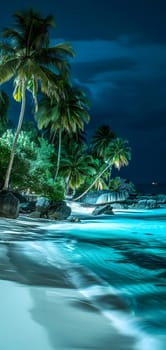 tropical beach view at cloudy stormy night with white sand, turquoise water and palm trees. Neural network generated image. Not based on any actual scene or pattern.