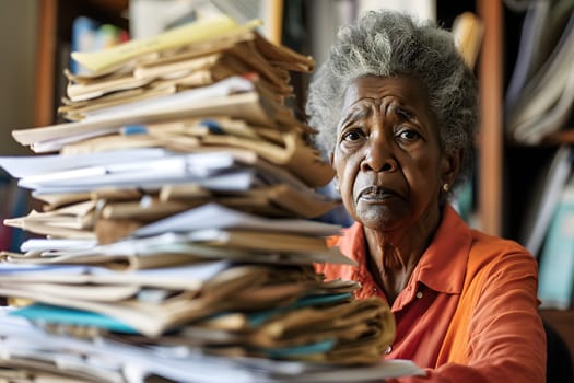 Senior African American woman in an office, overwhelmed by a mountains of paperwork. Neural network generated in January 2024. Not based on any actual scene or pattern.